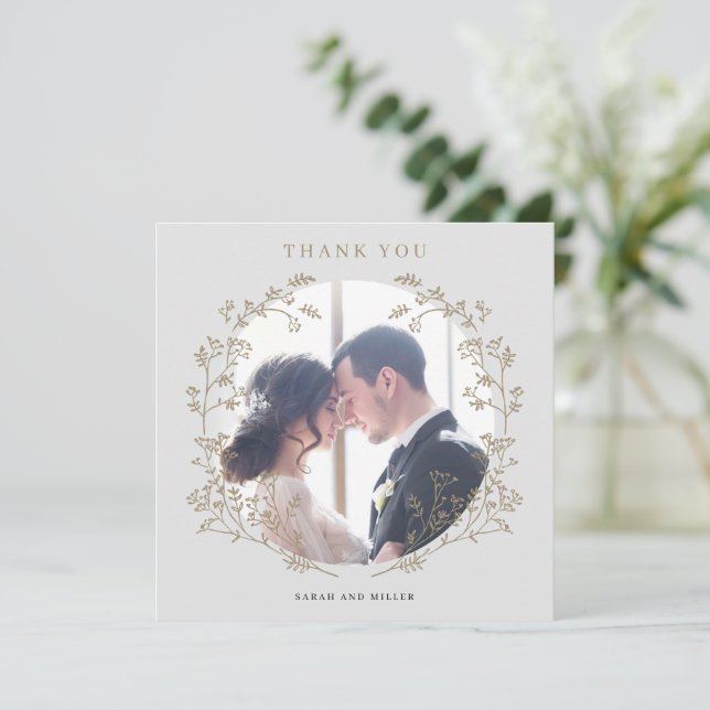 Elegant Gold Botanical Wreath Photo Thank You (Standing Front)