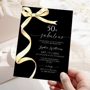 Elegant Gold Bow 50 & Fabulous Birthday Invitation