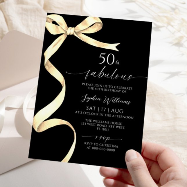 Elegant Gold Bow 50 & Fabulous Birthday Invitation (Creator Uploaded)