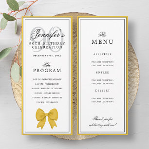 Elegant Gold Bow 90th Birthday Program + Menu Invitation