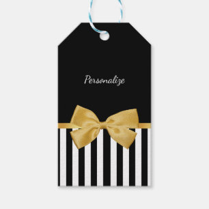 Elegant Gold Bow Black and White Stripes With Name Gift Tags