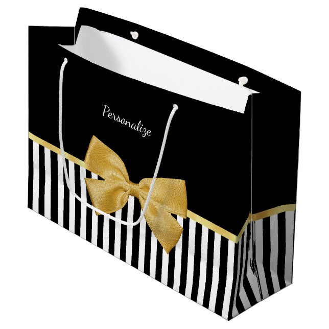 Elegant Gold Bow Black and White Stripes With Name Large Gift Bag (Front Angled)