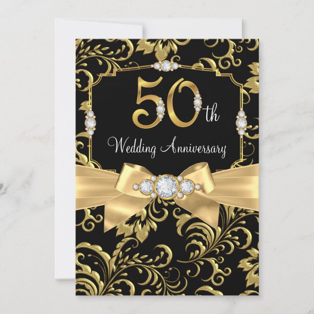 Elegant Gold Bow black Diamond 50th Anniversary Invitation (Front)