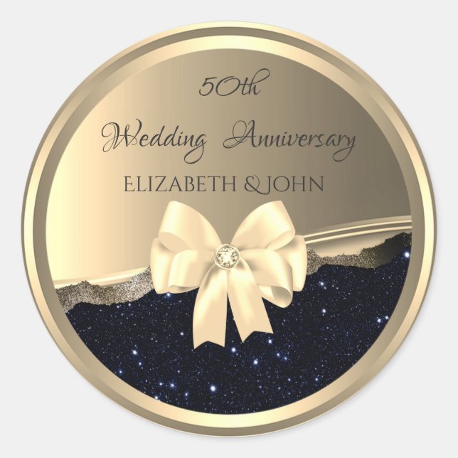 Elegant Gold Bow Black Glitter Anniversary Classic Round Sticker (Front)