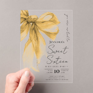 Elegant Gold Bow Coquette Script Sweet 16 Party Acrylic Invitations