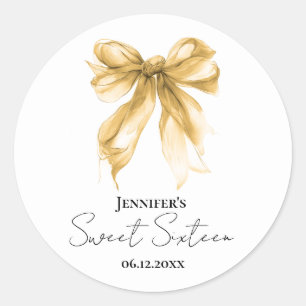 Elegant Gold Bow Coquette Script Sweet 16 Party Classic Round Sticker