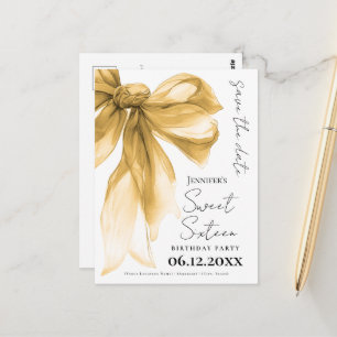 Elegant Gold Bow Coquette Sweet 16 Save the Date Postcard