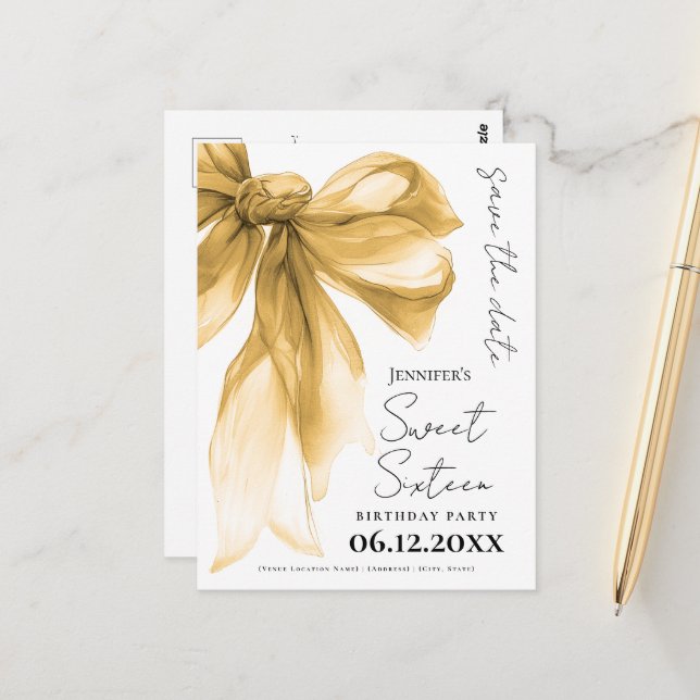 Elegant Gold Bow Coquette Sweet 16 Save the Date  Postcard (Front/Back In Situ)