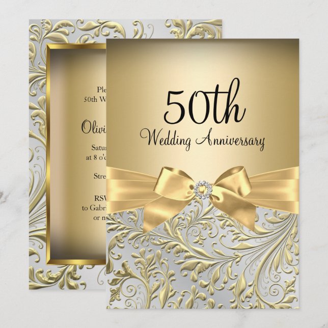 Elegant Gold Bow Floral Swirl 50th Anniversary Invitation (Front/Back)
