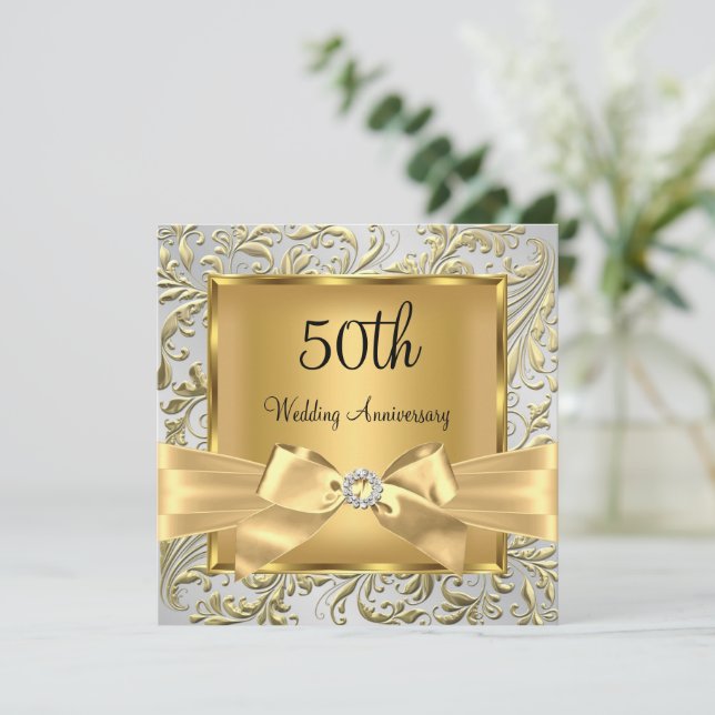 Elegant Gold Bow Floral Swirl 50th Anniversary sq Invitation (Standing Front)