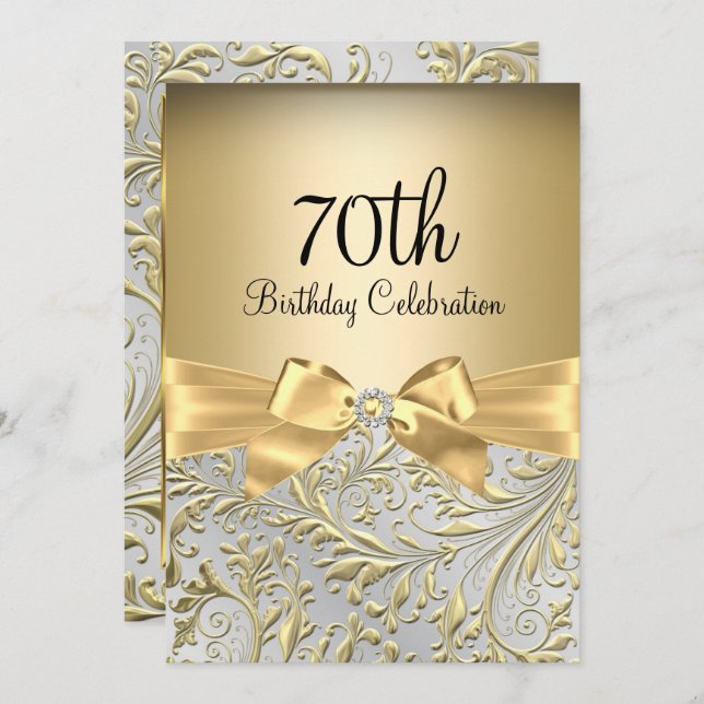 Elegant Gold Bow Floral Swirl 70th Birthday Party Invitation (Front/Back)