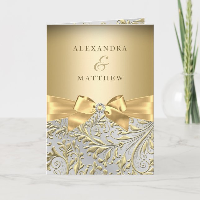 Elegant Gold Bow Golden Leaf Wedding 2 Invitation  (Front)