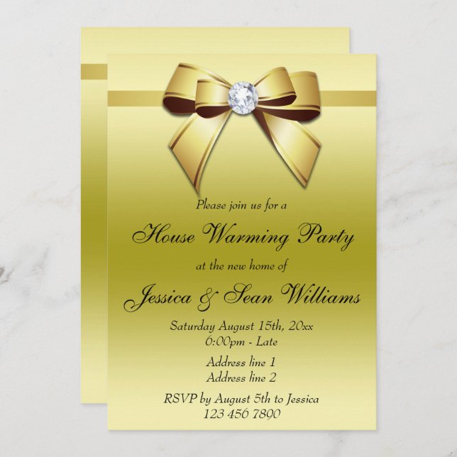 Elegant Gold Bow House Warming Party Invitation (Front/Back)