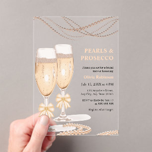 Elegant Gold Bow Pearls and Prosecco Bridal Shower Acrylic Invitations