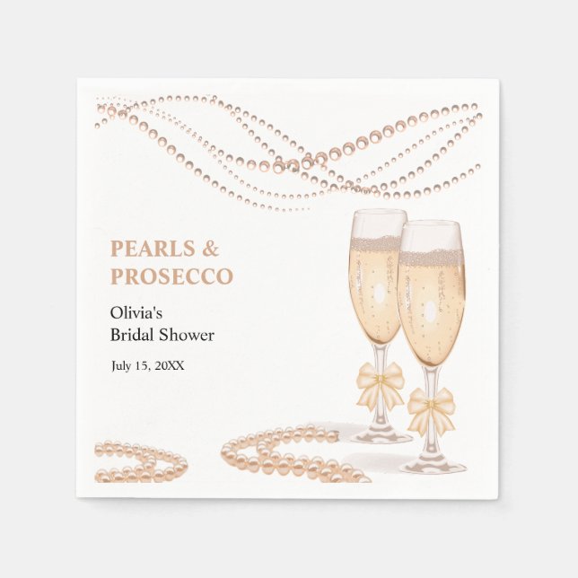 Elegant Gold Bow Pearls and Prosecco Bridal Shower Napkin (Front)