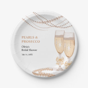 Elegant Gold Bow Pearls and Prosecco Bridal Shower Paper Plate