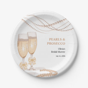 Elegant Gold Bow Pearls and Prosecco Bridal Shower Paper Plate