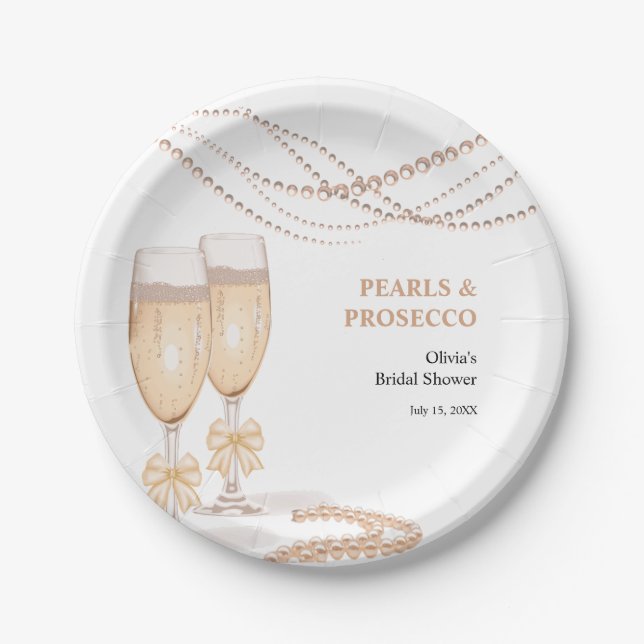 Elegant Gold Bow Pearls and Prosecco Bridal Shower Paper Plate (Front)