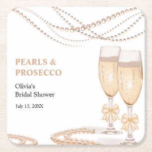 Elegant Gold Bow Pearls and Prosecco Bridal Shower Square Paper Coaster