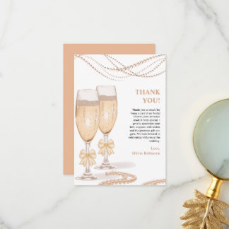 Elegant Gold Bow Pearls and Prosecco Bridal Shower Thank You Card