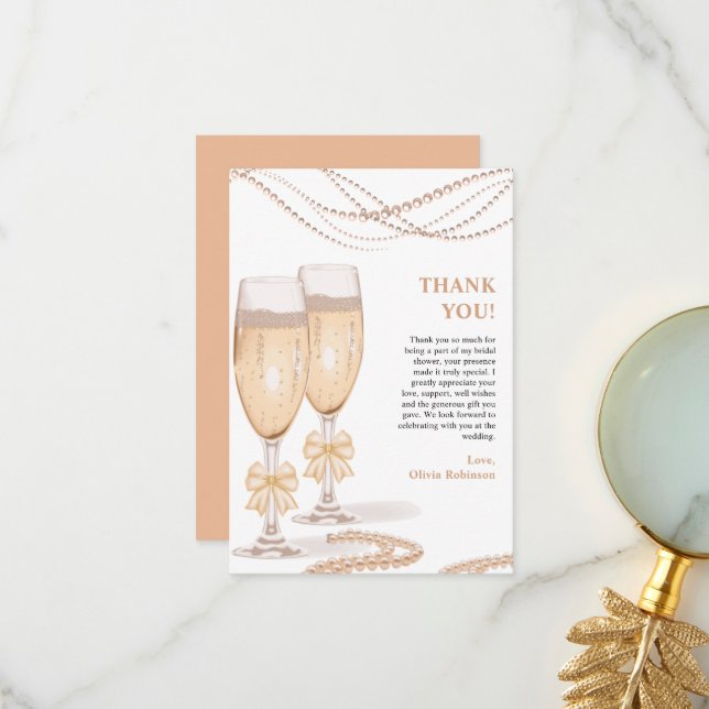 Elegant Gold Bow Pearls and Prosecco Bridal Shower Thank You Card (Front/Back In Situ)