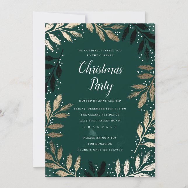 Elegant Gold Branch Foliage Christmas Party Invitation (Front)