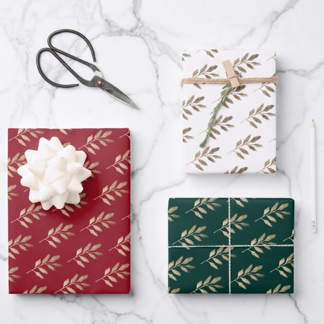Elegant Gold Branch Red and Green Christmas Wrapping Paper Sheet (Front)