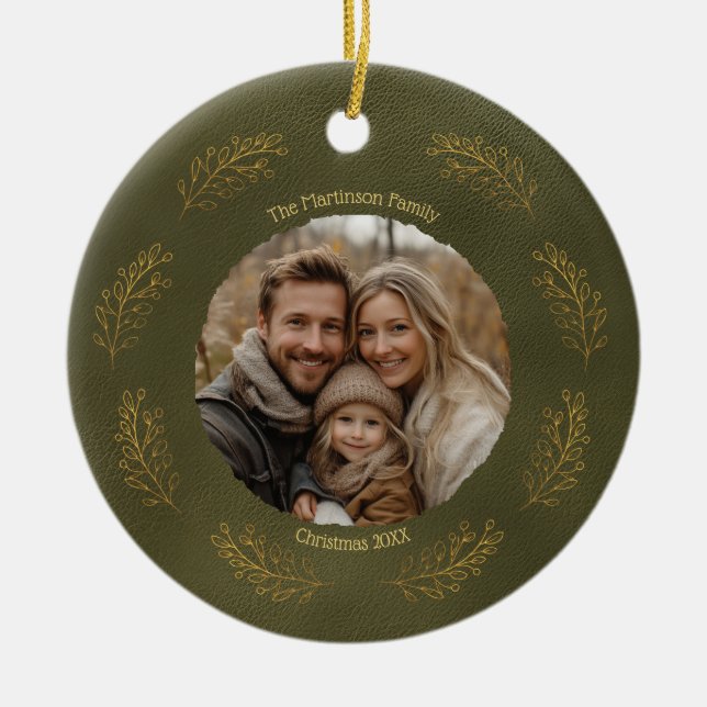 Elegant Gold Branches Family Photo Christmas  Ceramic Tree Decoration (Front)