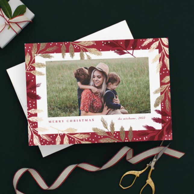 Elegant Gold Branches Photo Christmas Cards (Elegant Red and Gold Foil Branch Frame Photo Christmas Holiday Magnetic Card.)