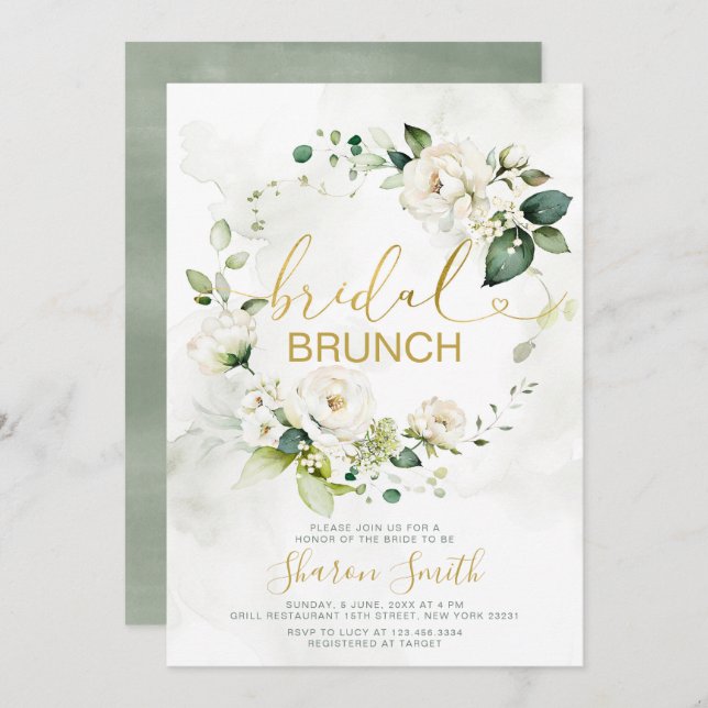 Elegant Gold Bridal Brunch Shower White Floral Invitation (Front/Back)