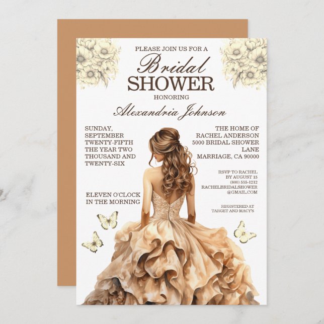 Elegant Gold Bridal Shower Fancy Dress Invitations (Front/Back)