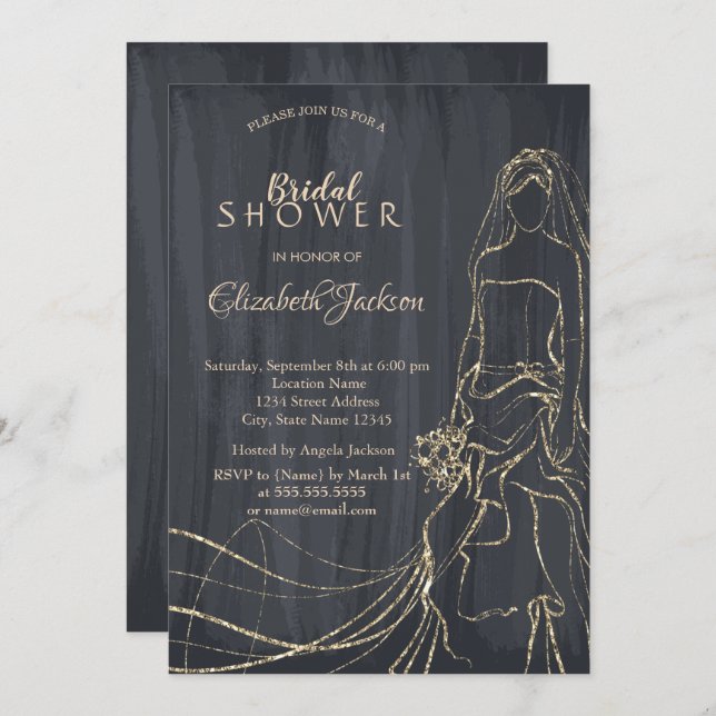 Elegant Gold Bride,Black Bridal Shower Invitation (Front/Back)