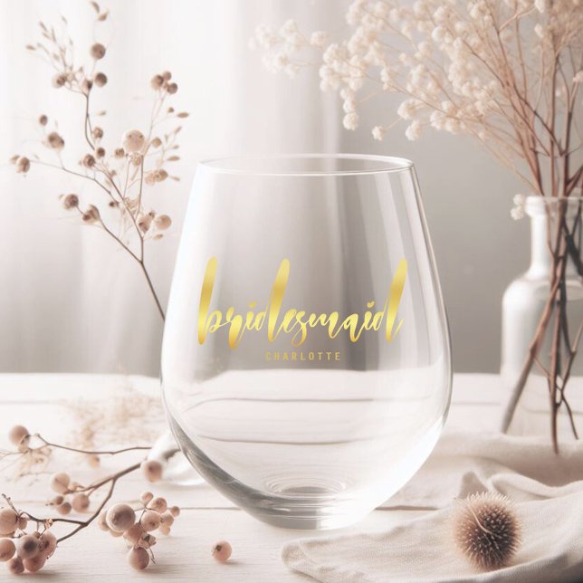 Elegant Gold Bridesmaid Calligraphy Gift Stemless Wine Glass (Creator Uploaded)