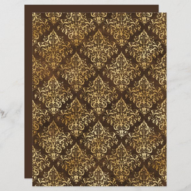 Elegant Gold Brown Damask Pattern Scrapbook Paper (Front/Back)