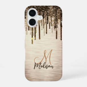 Elegant gold brown drips glitter monogram Case-Mat iPhone 16 Case