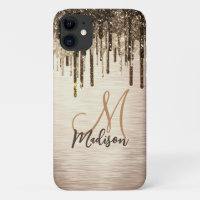 Elegant gold brown drips glitter monogram