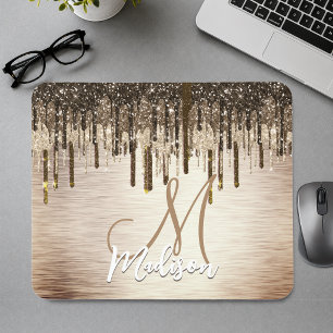 Elegant gold brown drips glitter monogram mouse mat