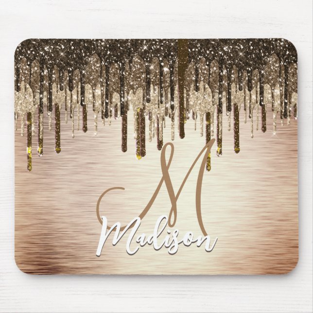 Elegant gold brown drips glitter monogram mouse mat (Front)