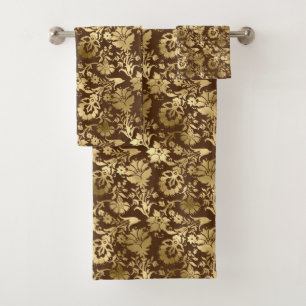 Elegant Gold Brown Floral Bath Towel Set