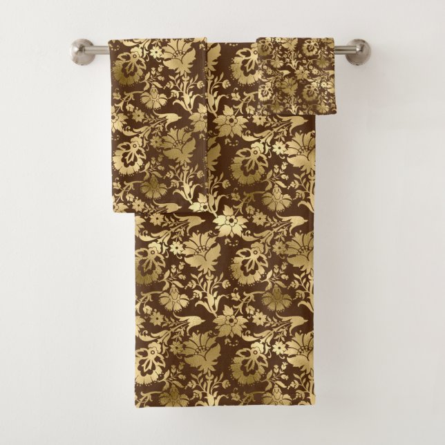 Elegant Gold Brown Floral Bath Towel Set (Insitu)