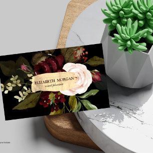 Elegant Gold Brush Stroke,Burgundy Flowers Business Card