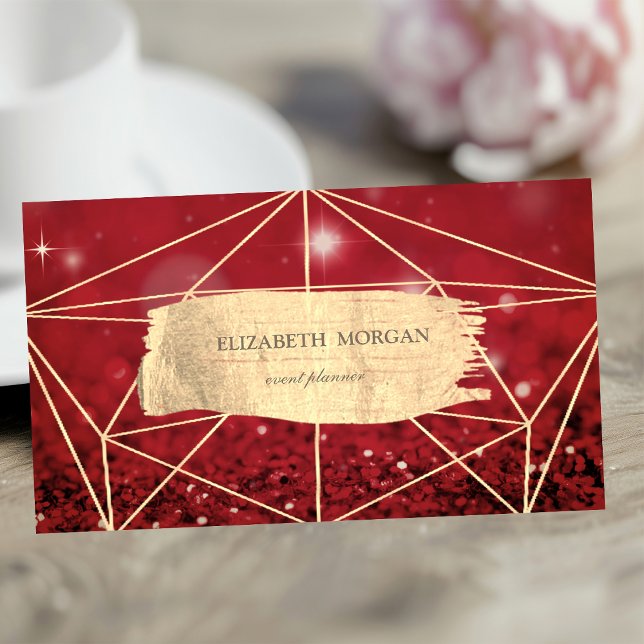 Elegant Gold Brush Stroke Geometric Red Bokeh Business Card (Creator Uploaded)