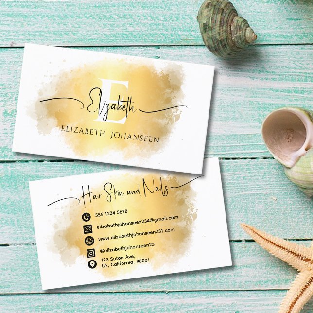 Elegant Gold Brush Stroke Monogram Script Name Business Card (Creator Uploaded)