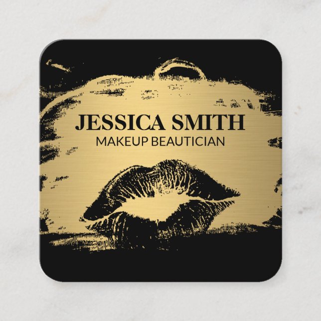 Elegant Gold Brushed Lux Black | Kiss Square Business Card (Front)