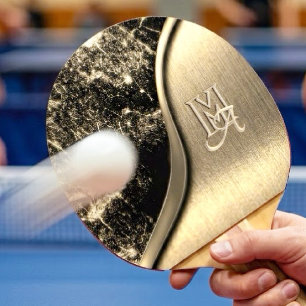 Elegant Gold Brushed Metal & Black Marble Monogram Ping Pong Paddle