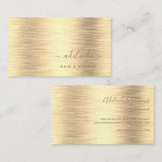 Elegant Gold Brushed Metallic Monogram Name Script Business Card (Front/Back)