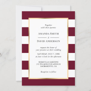 Elegant Gold Burgundy and White Stripes Wedding Invitation