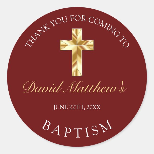 Elegant Gold Burgundy Baby Baptism Thank You  Classic Round Sticker (Front)