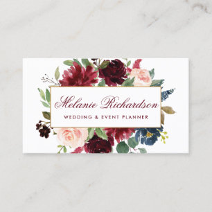 Elegant Gold Burgundy Blue Watercolor Floral Business Card