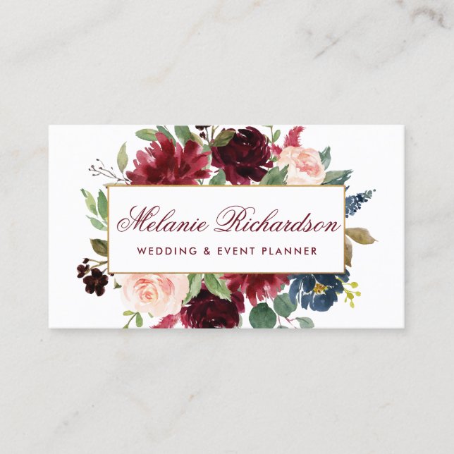 Elegant Gold Burgundy Blue Watercolor Floral Business Card (Front)